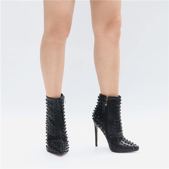Women’s Rhinestone Black Ankle Boots Pointed Toe Stiletto Heel with Rivets - Picture 7 of 9